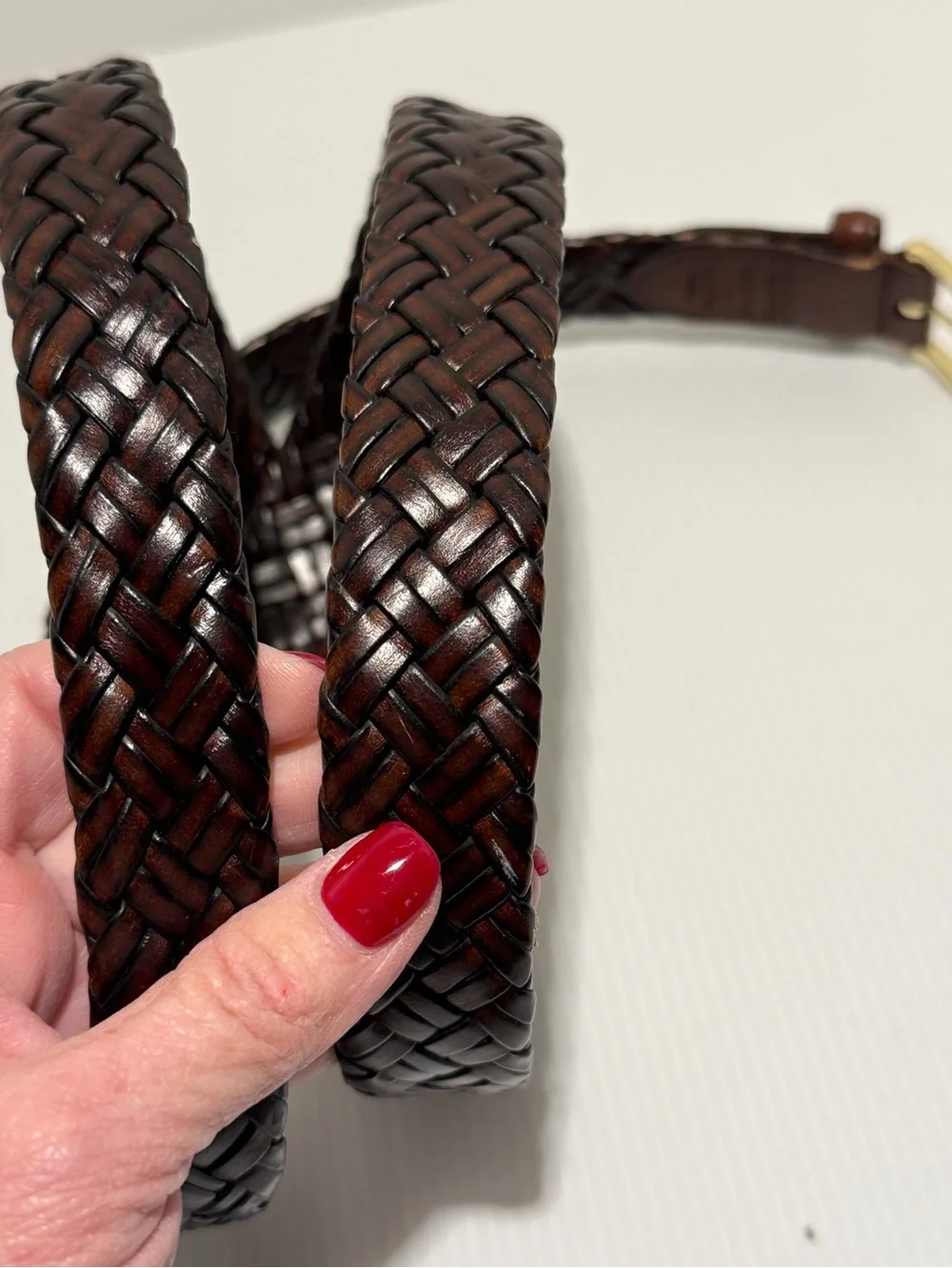 VTG 80s 90s Men's Brown Braided Leather Belt Gold Buckle Size 44 Retro Preppy